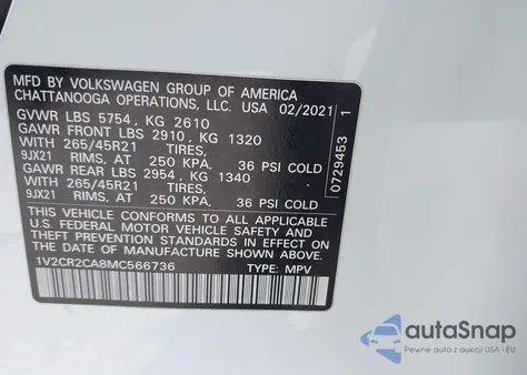 2021 Volkswagen Atlas 3.6L V6 Sel R-Line z USA, uszkodzony, nr VIN 1V2CR2CA8MC566736